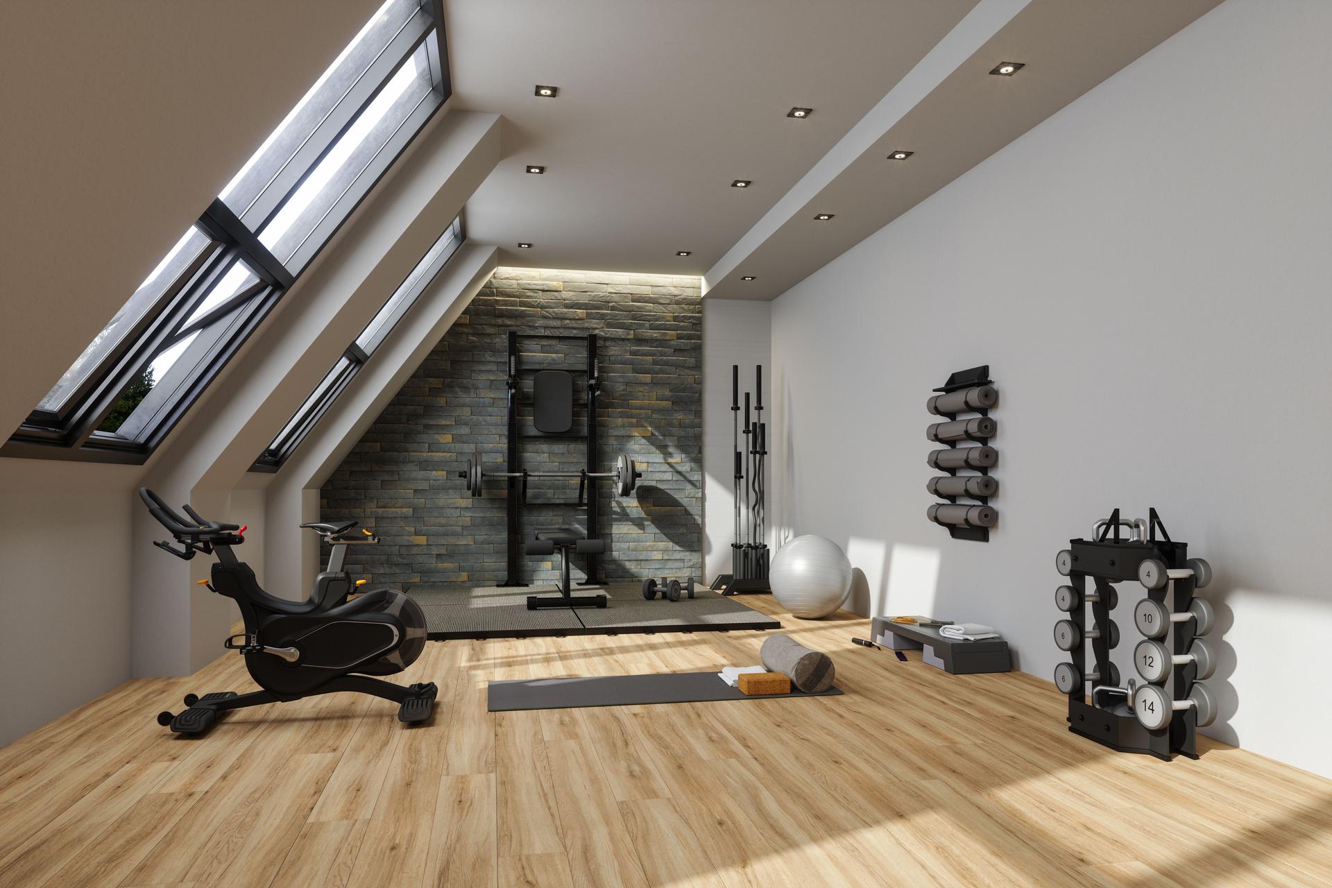Home Gym With Exercise Bike, Barbell, Dumbbells And Exercise Mat. Personal Training Studio