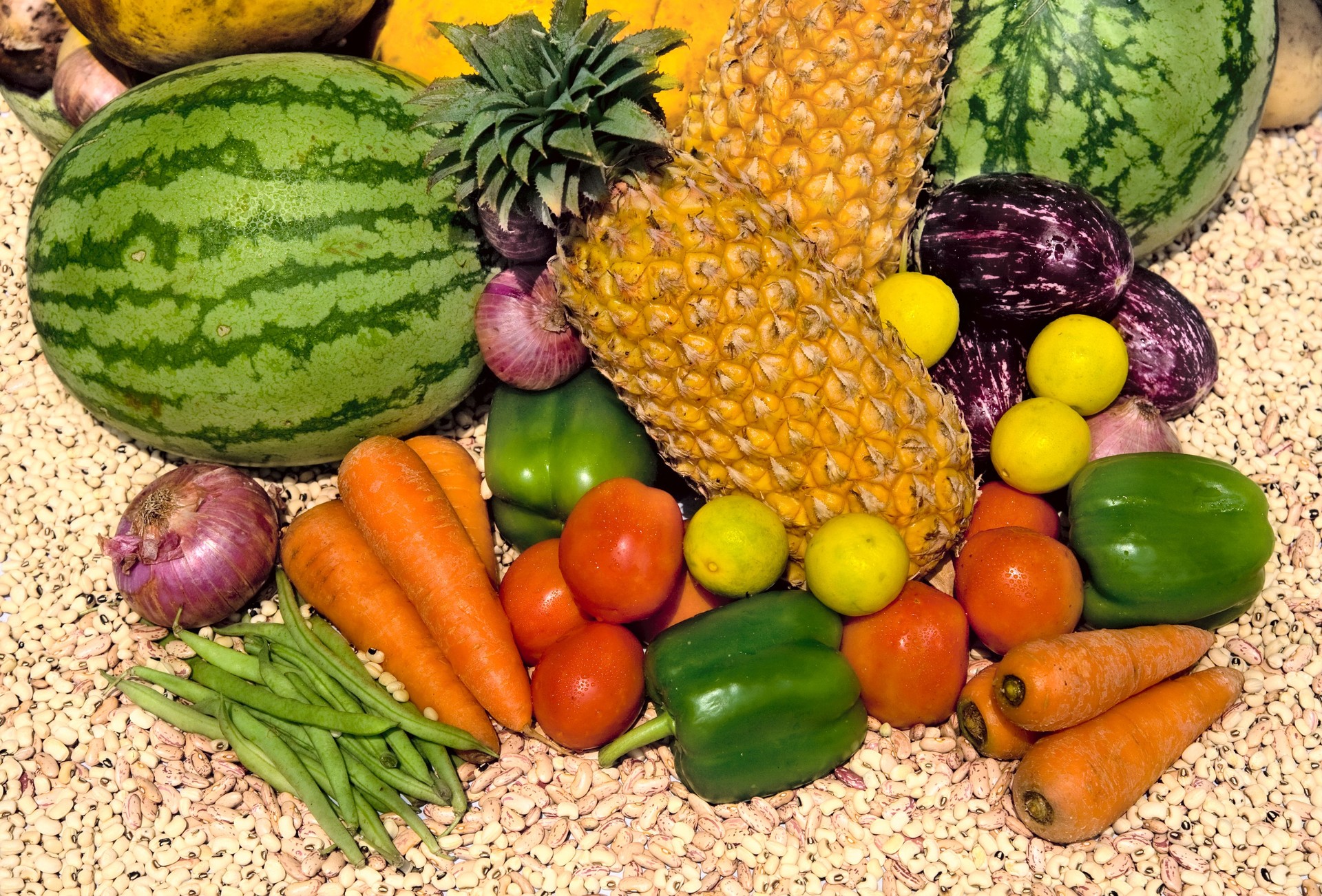 fresh vegetables and fruits on wooden table after market